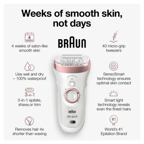 Braun Silk-Ãpil 9 9-720 Epilator for Women for Long-Lasting Hair Removal, White/Bronze